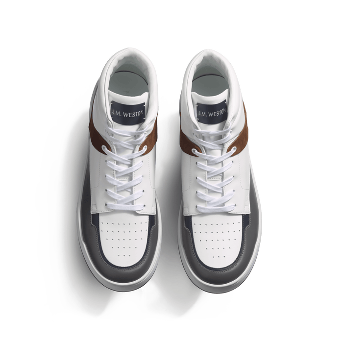 J.m. Weston Basket On Top En Cuir Veau Sport Blanc Marine Gris Foncé Gris Clair Et Cuir Veau Velours Cigare