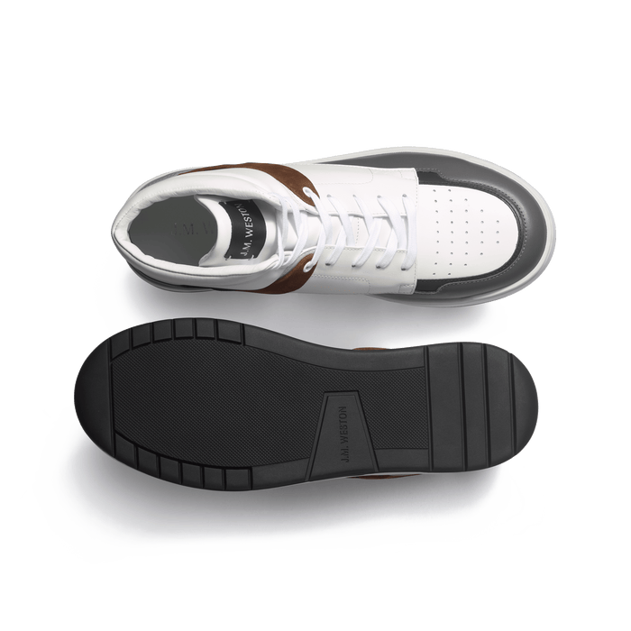 J.m. Weston Basket On Top En Cuir Veau Sport Blanc Marine Gris Foncé Gris Clair Et Cuir Veau Velours Cigare