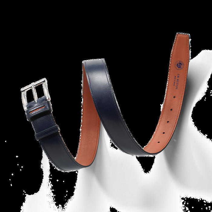 J.m. Weston Ceinture Demi-jonc Roland-Garros Cuir Veau Box Bleu Marine & Cuir Veau Lisse Orange Terre Battue