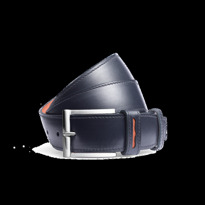 j.m. weston Ceinture demi-jonc Roland-Garros Cuir veau box bleu marine & cuir veau lisse orange terre battue