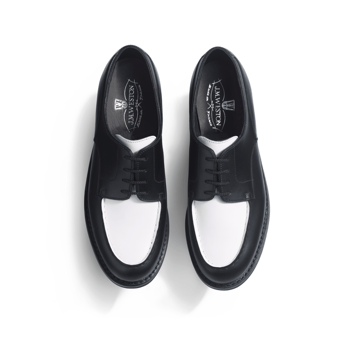 J.m. Weston Derby Golf Femme En Cuir Veau Box Noir Et Cuir Veau Souple Blanc