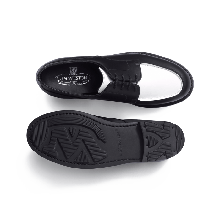 J.m. Weston Derby Golf Femme En Cuir Veau Box Noir Et Cuir Veau Souple Blanc