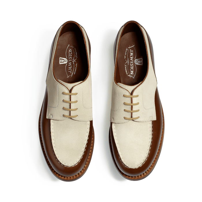 J.m. Weston Derby Golf Femme En Cuir Veau Lisse Marron Et Velours Beige