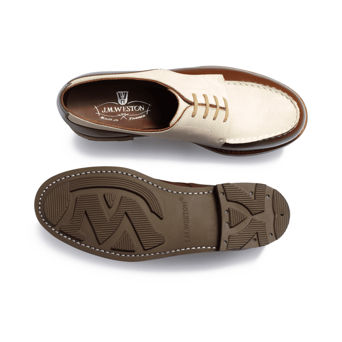 J.m. Weston Derby Golf Femme En Cuir Veau Lisse Marron Et Velours Beige