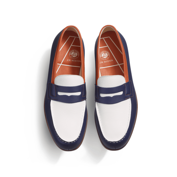 J.m. Weston Le Moc' Weston Roland-Garros Homme En Cuir Veau Grainé Bleu Marine & Orange Terre Battue & Blanc