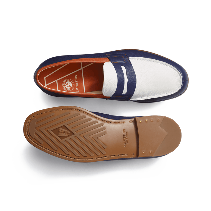 J.m. Weston Le Moc' Weston Roland-Garros Homme En Cuir Veau Grainé Bleu Marine & Orange Terre Battue & Blanc