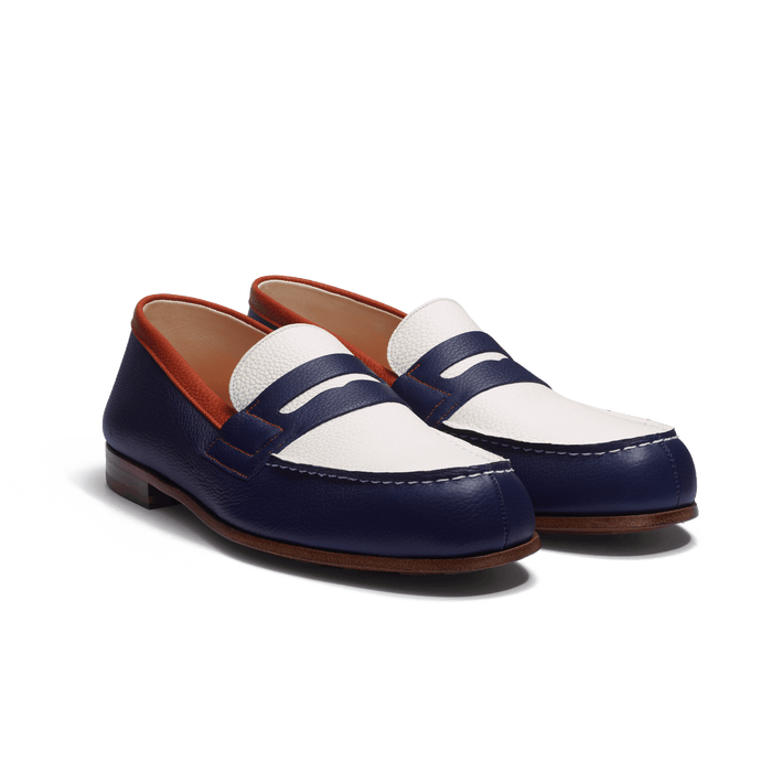 J.m. Weston Le Moc' Weston Roland-Garros Homme En Cuir Veau Grainé Bleu Marine & Orange Terre Battue & Blanc