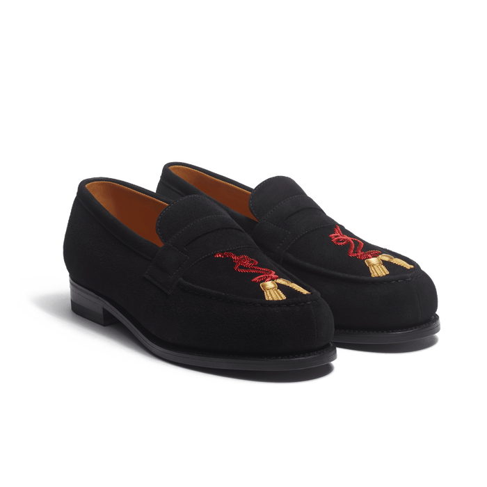 J.m. Weston Mocassin 180 Femme En Cuir Chèvre Velours Noir Et Broderies Rouge Et Or