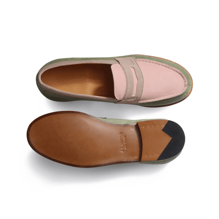 J.m. Weston Mocassin 180 Femme En Cuir Veau Velours Rose Clair Parme Et Vieil Or