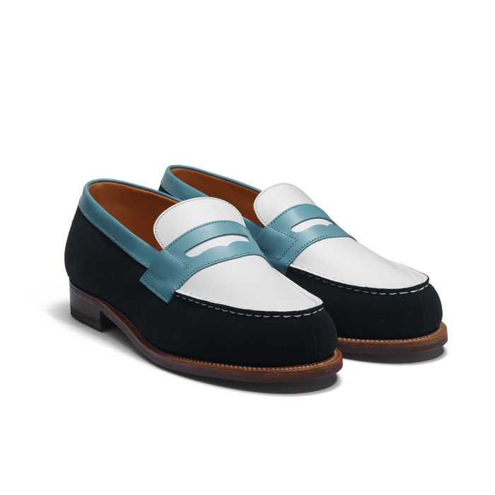 J.m. Weston Mocassin 180 Femme En Cuir Veau Velours Vert Cuir Lisse Blanc Et Cuir Veau Box Campanule