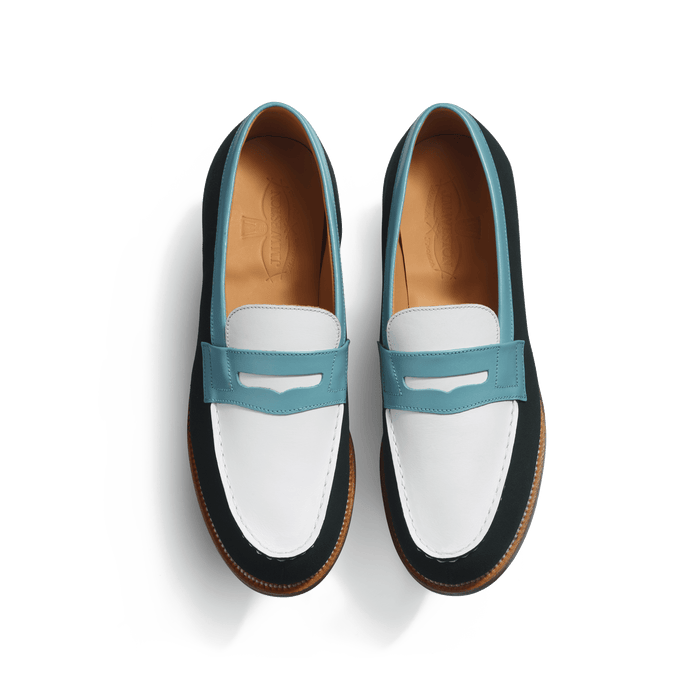 J.m. Weston Mocassin 180 Femme En Cuir Veau Velours Vert Cuir Lisse Blanc Et Cuir Veau Box Campanule