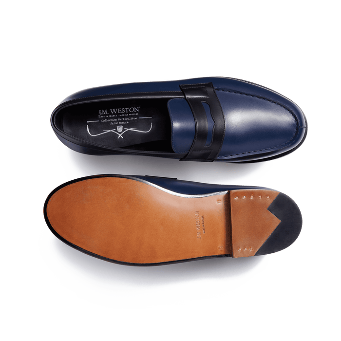 J.m. Weston Mocassin 180 Homme En Cuir Lisse Noir Et Bleu Océan