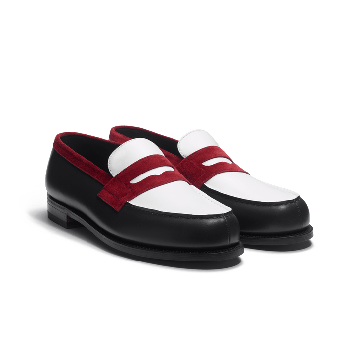 J.m. Weston Mocassin 180 Homme En Cuir Veau Box Marine & Java Blanc & Cuir Veau Velours Bordeaux