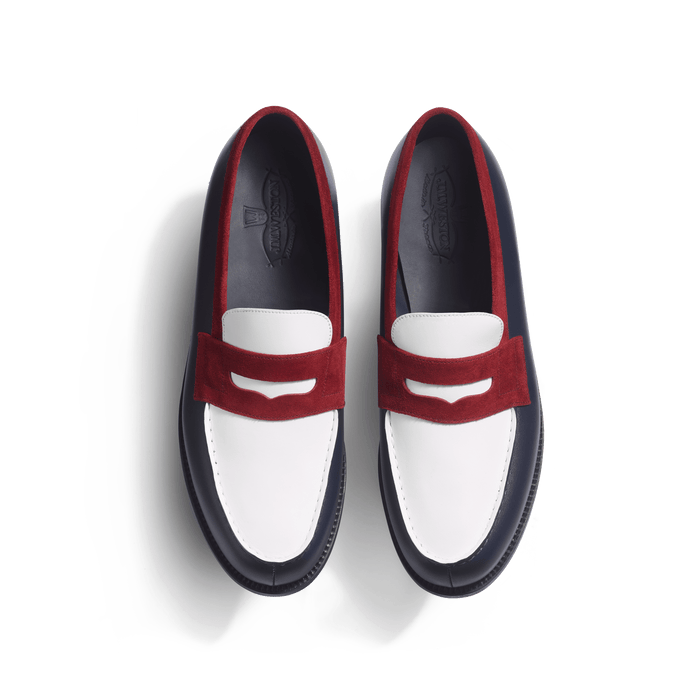 J.m. Weston Mocassin 180 Homme En Cuir Veau Box Marine & Java Blanc & Cuir Veau Velours Bordeaux