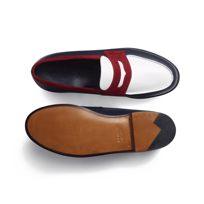 J.m. Weston Mocassin 180 Homme En Cuir Veau Box Marine & Java Blanc & Cuir Veau Velours Bordeaux