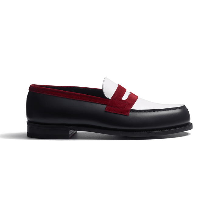 j.m. weston Mocassin 180 homme en cuir veau box marine & java blanc & cuir veau velours bordeaux