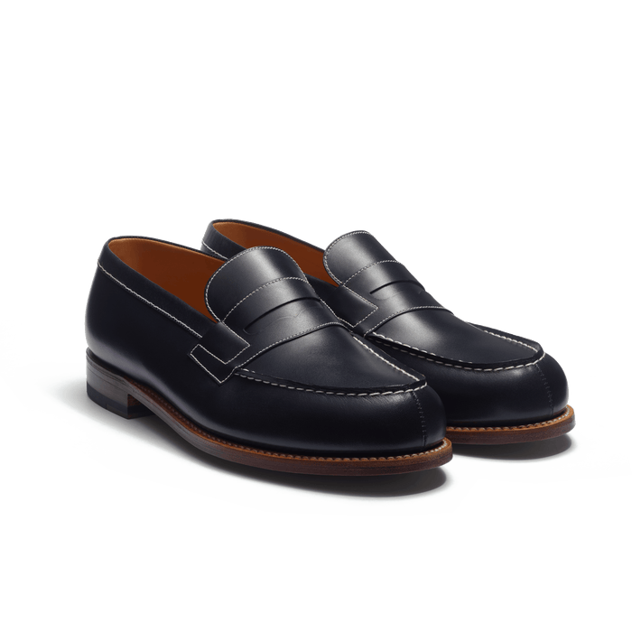 j.m. Weston Mocassin 180 Homme En Cuir Veau Box Marine Piqûre Contrastée écrue