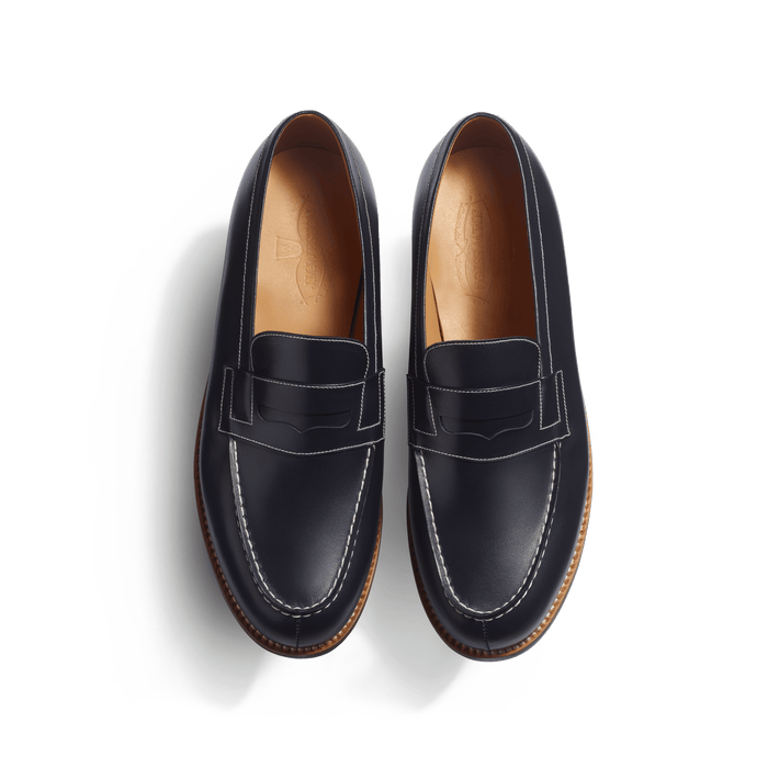j.m. Weston Mocassin 180 Homme En Cuir Veau Box Marine Piqûre Contrastée écrue