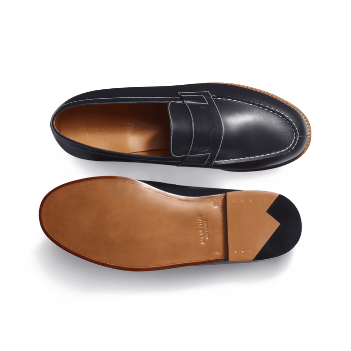 j.m. Weston Mocassin 180 Homme En Cuir Veau Box Marine Piqûre Contrastée écrue