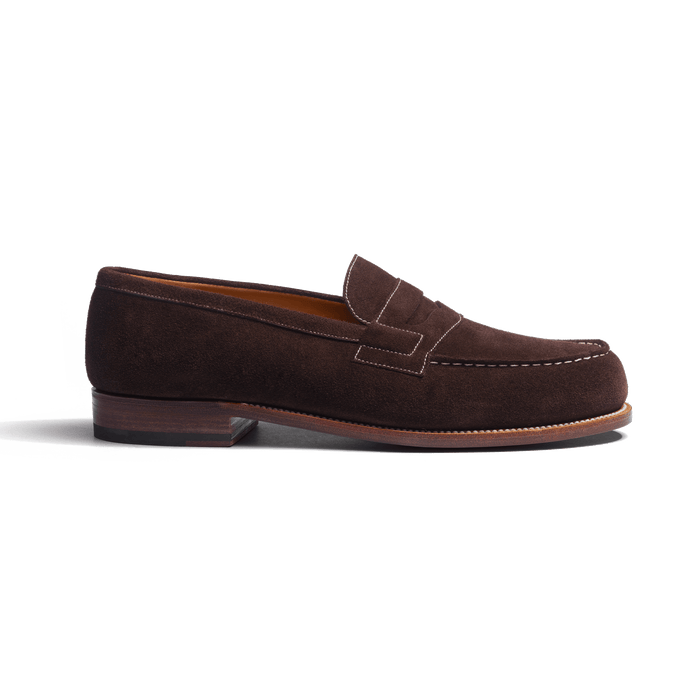 j.m. weston Mocassin 180 homme en cuir veau velours chocolat piqûre contrastée écrue