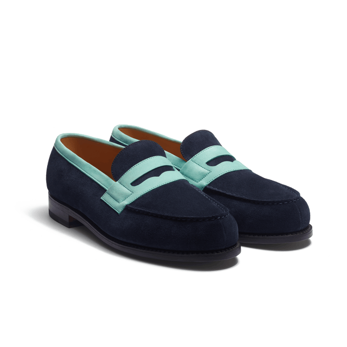 J.m. Weston Mocassin 180 Homme En Cuir Veau Velours Marine & Cuir Veau Velours Vert D'eau