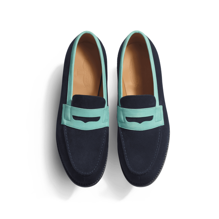 J.m. Weston Mocassin 180 Homme En Cuir Veau Velours Marine & Cuir Veau Velours Vert D'eau