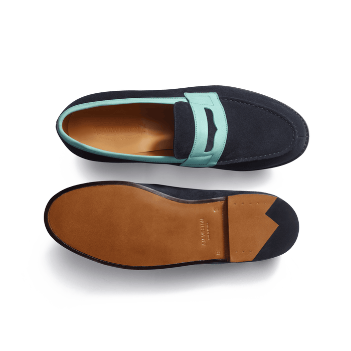 J.m. Weston Mocassin 180 Homme En Cuir Veau Velours Marine & Cuir Veau Velours Vert D'eau