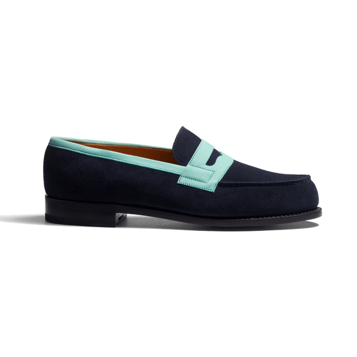 j.m. weston Mocassin 180 homme en cuir veau velours marine & cuir veau velours vert d'eau