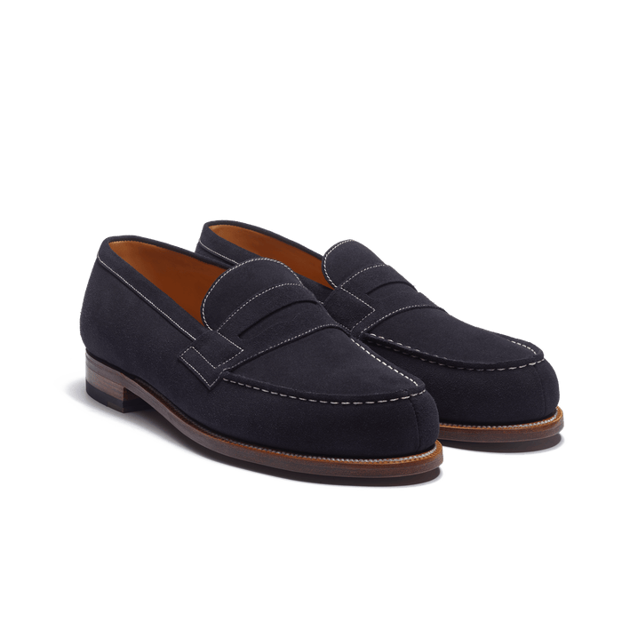 J.m. Weston Mocassin 180 Homme En Cuir Veau Velours Marine Piqûre Contrastée écrue