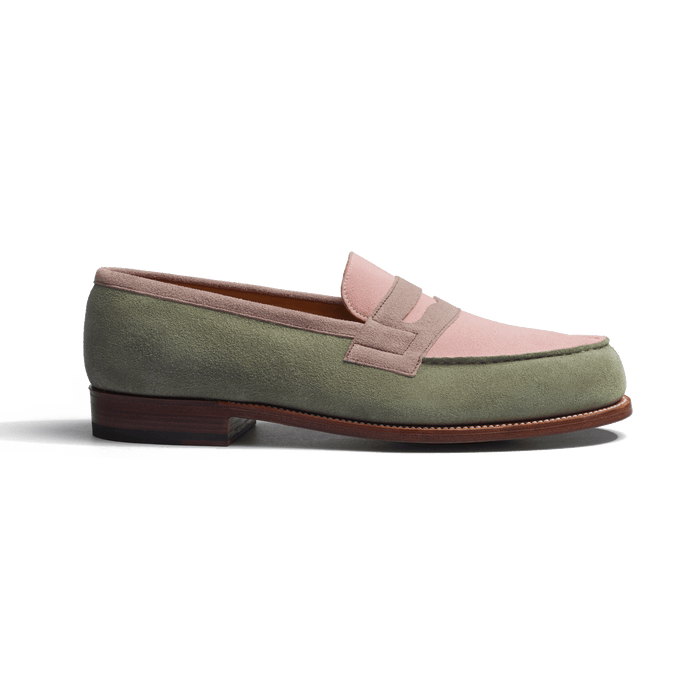 j.m. weston Mocassin 180 homme en cuir veau velours rose clair parme et vieil or