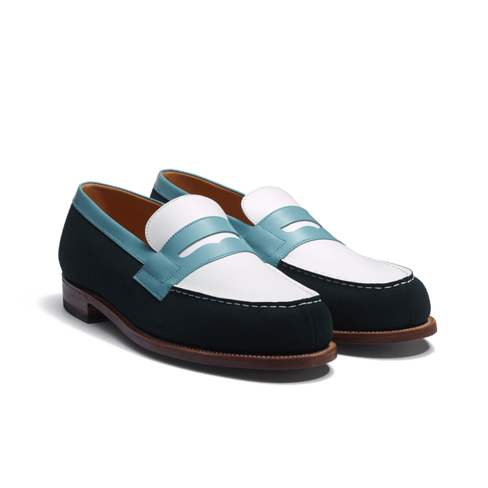 J.m. Weston Mocassin 180 Homme En Cuir Veau Velours Vert Cuir Lisse Blanc Et Cuir Veau Box Campanule