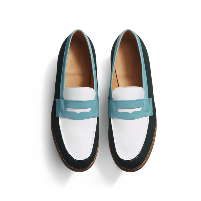 J.m. Weston Mocassin 180 Homme En Cuir Veau Velours Vert Cuir Lisse Blanc Et Cuir Veau Box Campanule