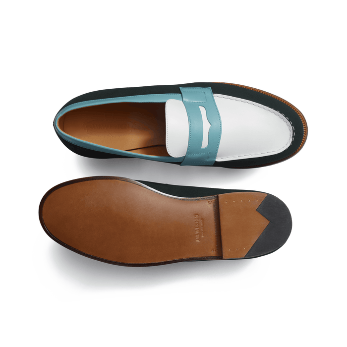 J.m. Weston Mocassin 180 Homme En Cuir Veau Velours Vert Cuir Lisse Blanc Et Cuir Veau Box Campanule