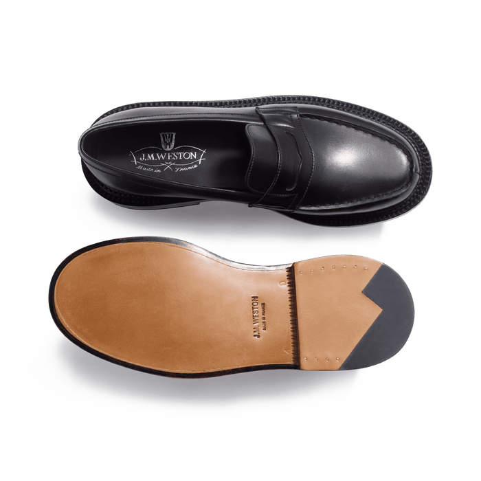 J.m. Weston Mocassin 180 Triple Semelle Femme En Cuir Lisse Noir