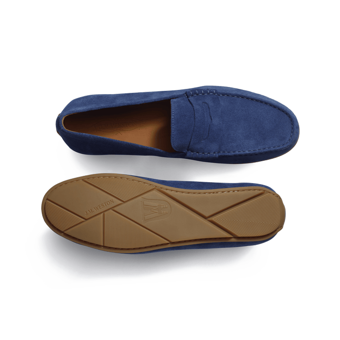 J.m. Weston Mocassin De Conduite Warning Homme En Cuir Veau Velours Velours Bleu De Limoges