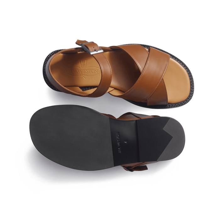 J.m. Weston Sandale Double V Femme En Cuir Lisse Marron Bergeronnette