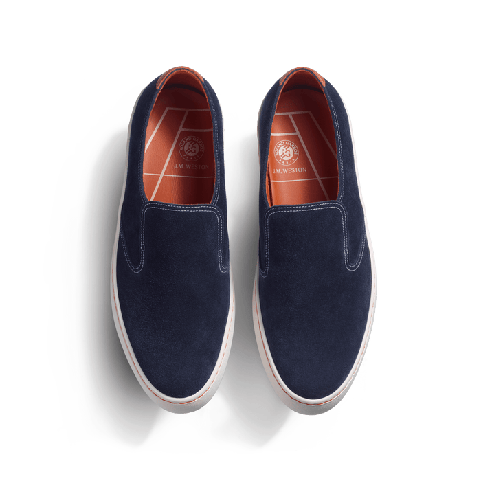 J.m. Weston Tennis 1938 Slip On Roland-Garros En Cuir Veau Velours Bleu Marine Détails Cuir Veau Sport Orange Terre Battue
