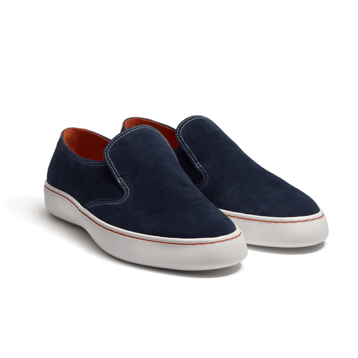 J.m. Weston Tennis 1938 Slip On Roland-Garros En Cuir Veau Velours Bleu Marine Détails Cuir Veau Sport Orange Terre Battue