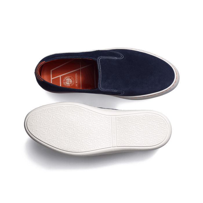 J.m. Weston Tennis 1938 Slip On Roland-Garros En Cuir Veau Velours Bleu Marine Détails Cuir Veau Sport Orange Terre Battue