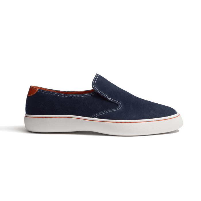 j.m. weston Tennis 1938 Slip On Roland-Garros en cuir veau velours bleu marine détails cuir veau sport orange terre battue