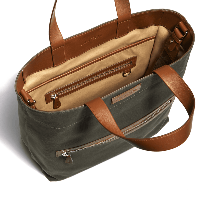J.m. Weston Tote Bag Walker Grand Modèle En Toile Kaki & Cuir Veau Lisse Bergeronnette