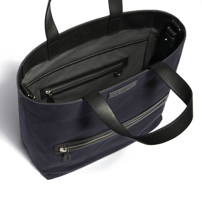 J.m. Weston Tote Bag Walker Grand Modèle En Toile Marine & Cuir Veau Lisse Noir