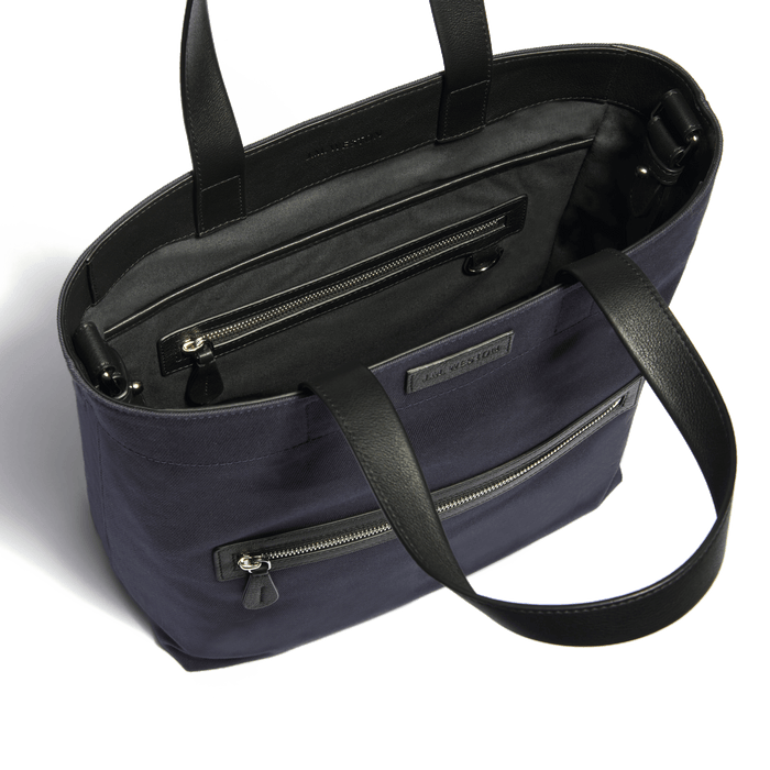 J.m. Weston Tote Bag Walker Petit Modèle En Toile Marine & Cuir Veau Lisse Noir