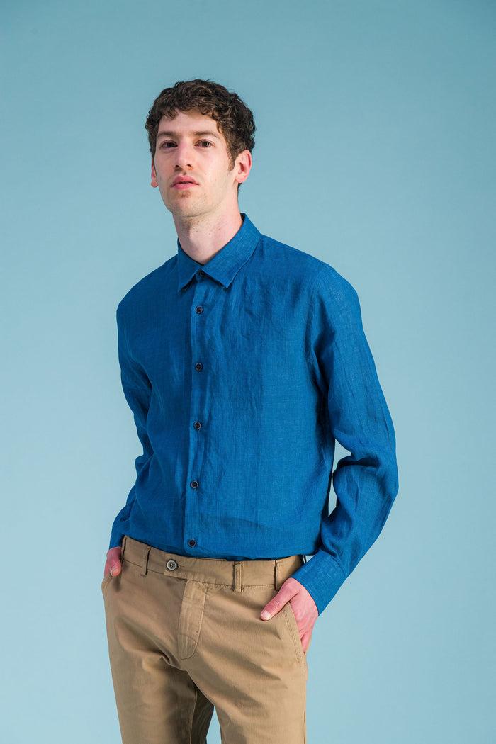 jagvi Chemise Lin Bleu Océan Chiné