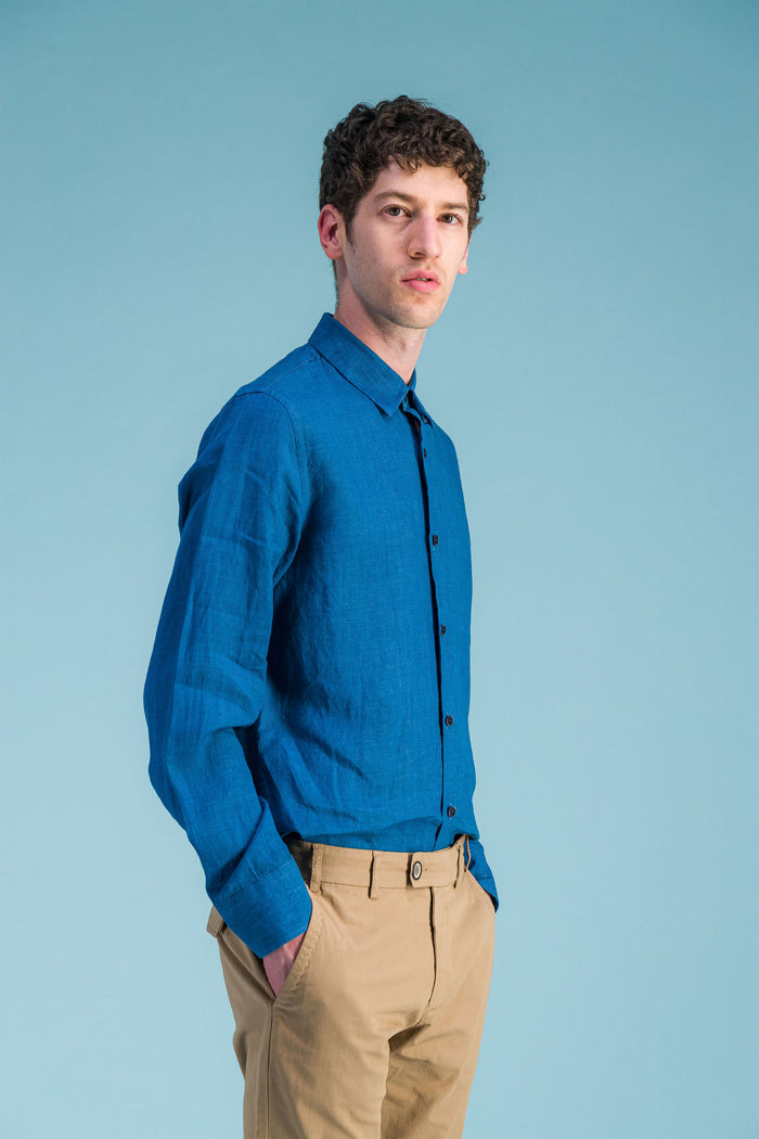 jagvi Chemise Lin Bleu Océan Chiné