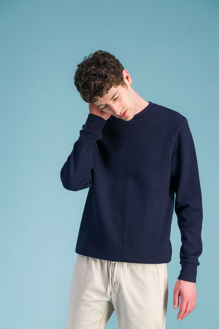 Jagvi Sweat Col Rond Coton Nid D'abeille Marine