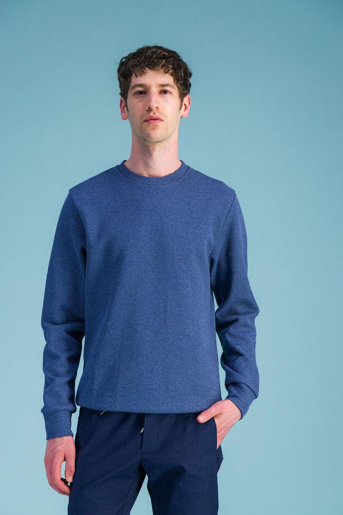 Jagvi Sweat Col Rond Coton Nid D'abeille Bleu Chiné