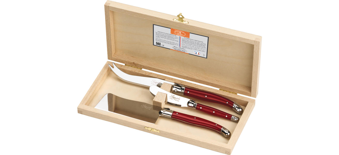 jean dubost Coffret 3 couteaux fromage Jean Dubost Laguiole manche irisé rouge