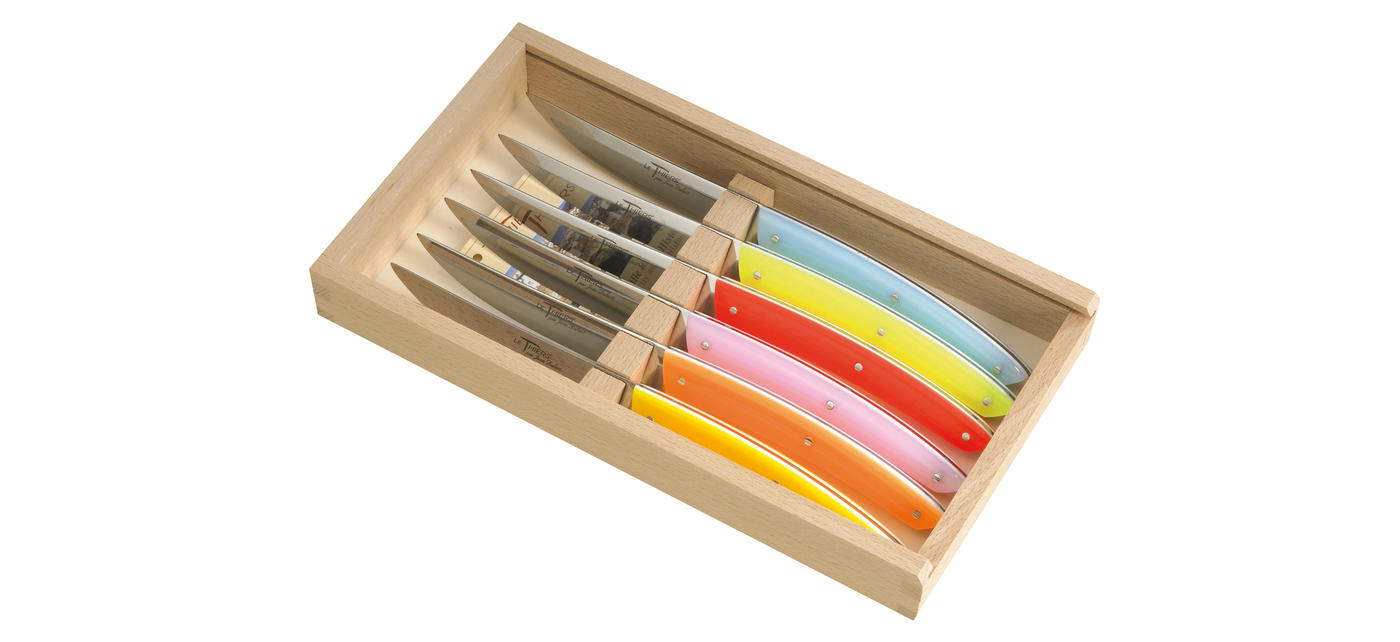 jean dubost Coffret 6 couteaux Le Thiers acrylique couleurs fluo