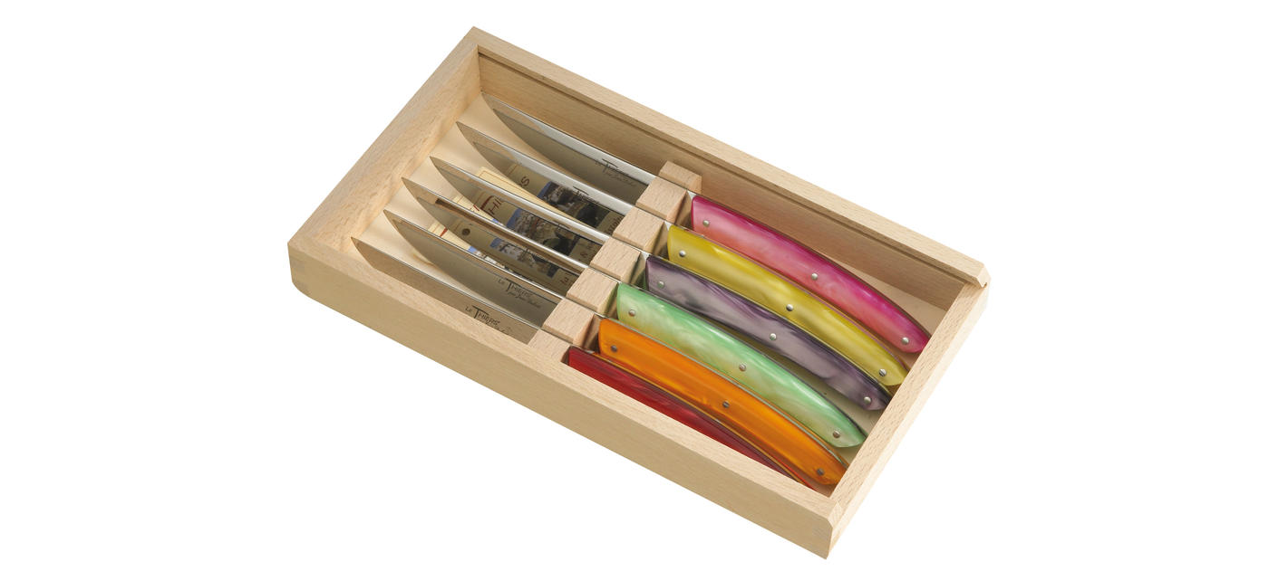 jean dubost Coffret 6 couteaux Le Thiers acrylique couleurs fruitées